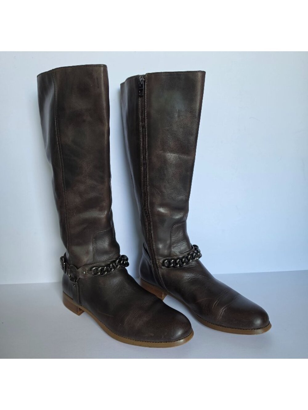 Coach Mabel Brown Leather Tall Riding Boots Chain Harness Women's 9.5B